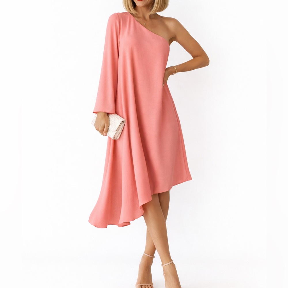 Pink One Shoulder Batwing Sleeve Asymmetrical Midi Dress Flowy